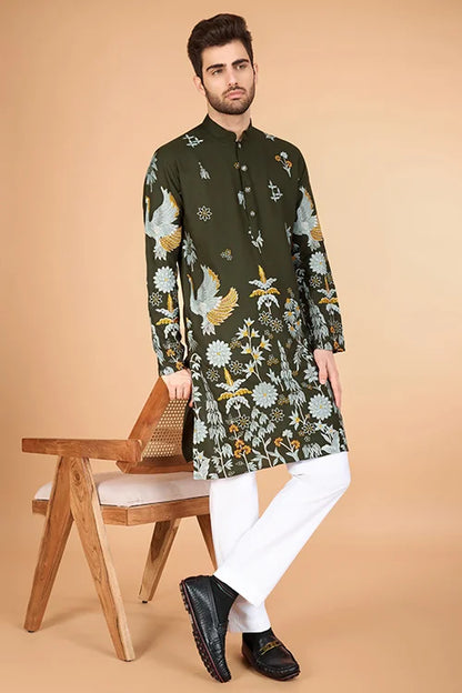 Olive Green Designer Viscose Rayon Thread Sequence Work Kurta Men's Kurta Haldi Festivel