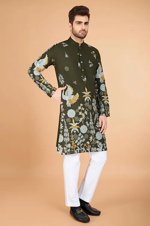 Olive Green Designer Viscose Rayon Thread Sequence Work Kurta Men's Kurta Haldi Festivel