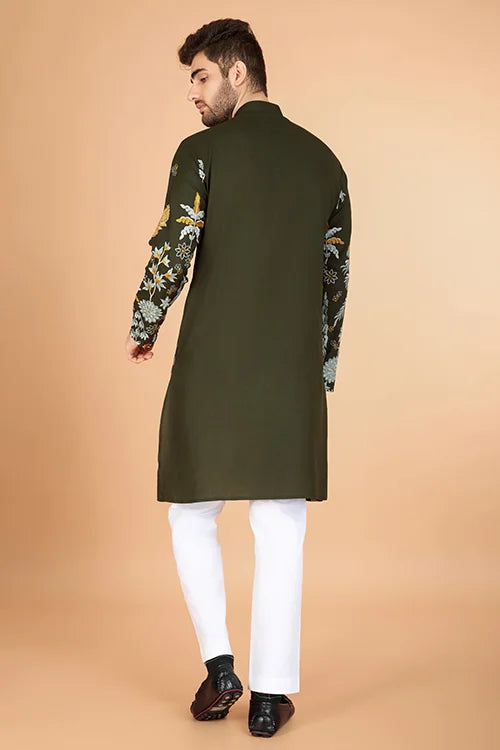 Olive Green Designer Viscose Rayon Thread Sequence Work Kurta Men's Kurta Haldi Festivel