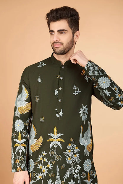 Olive Green Designer Viscose Rayon Thread Sequence Work Kurta Men's Kurta Haldi Festivel
