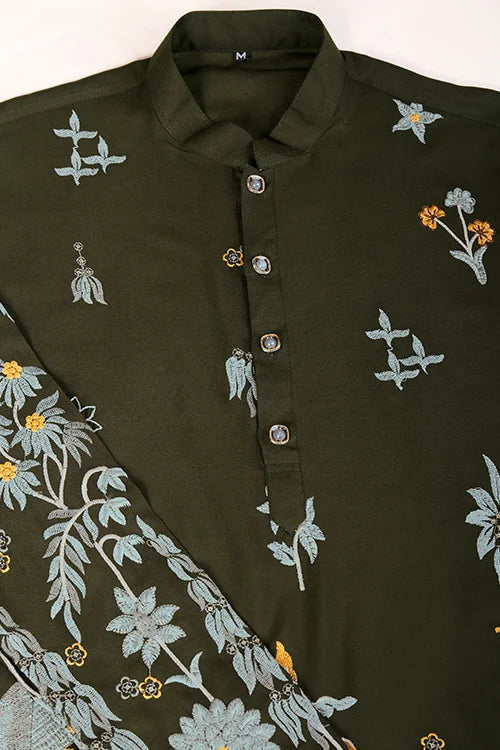Olive Green Designer Viscose Rayon Thread Sequence Work Kurta Men's Kurta Haldi Festivel